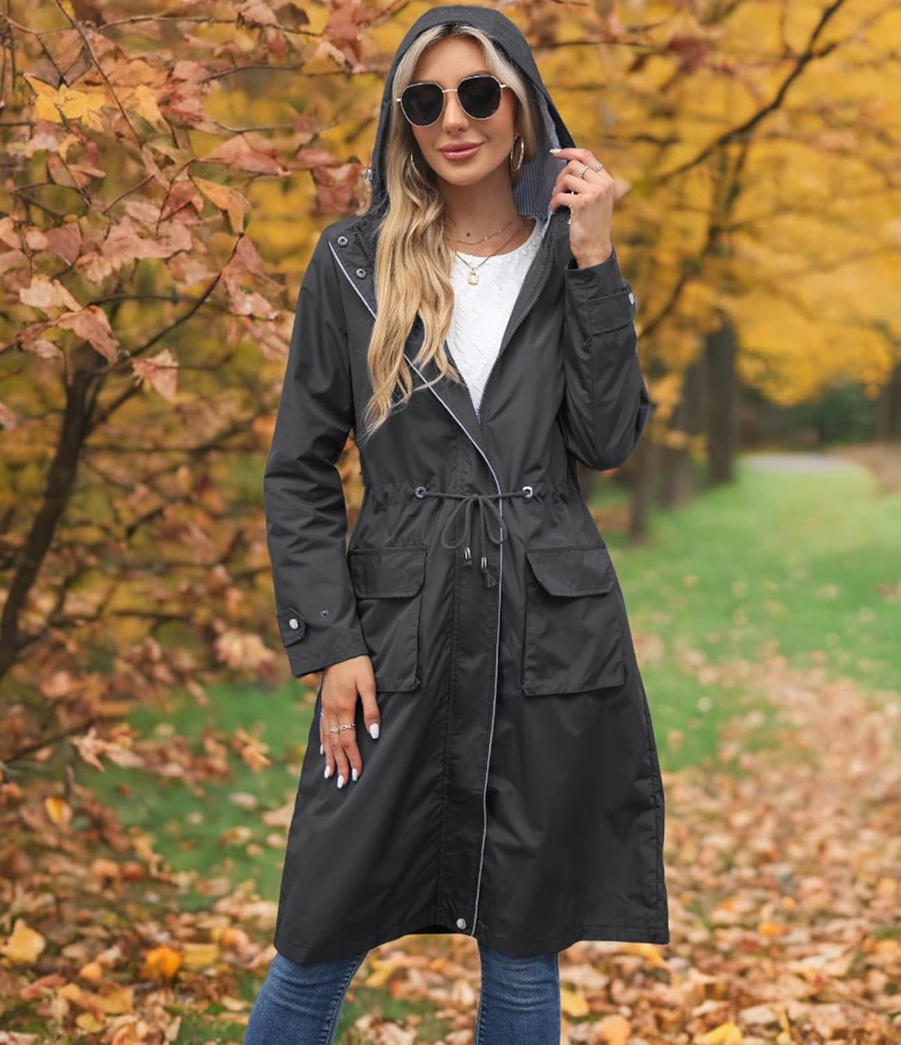 Women Waterproof Lightweight Long Rain Jacket Outdoor Casual Hooded Long Trench Coat - Image 5