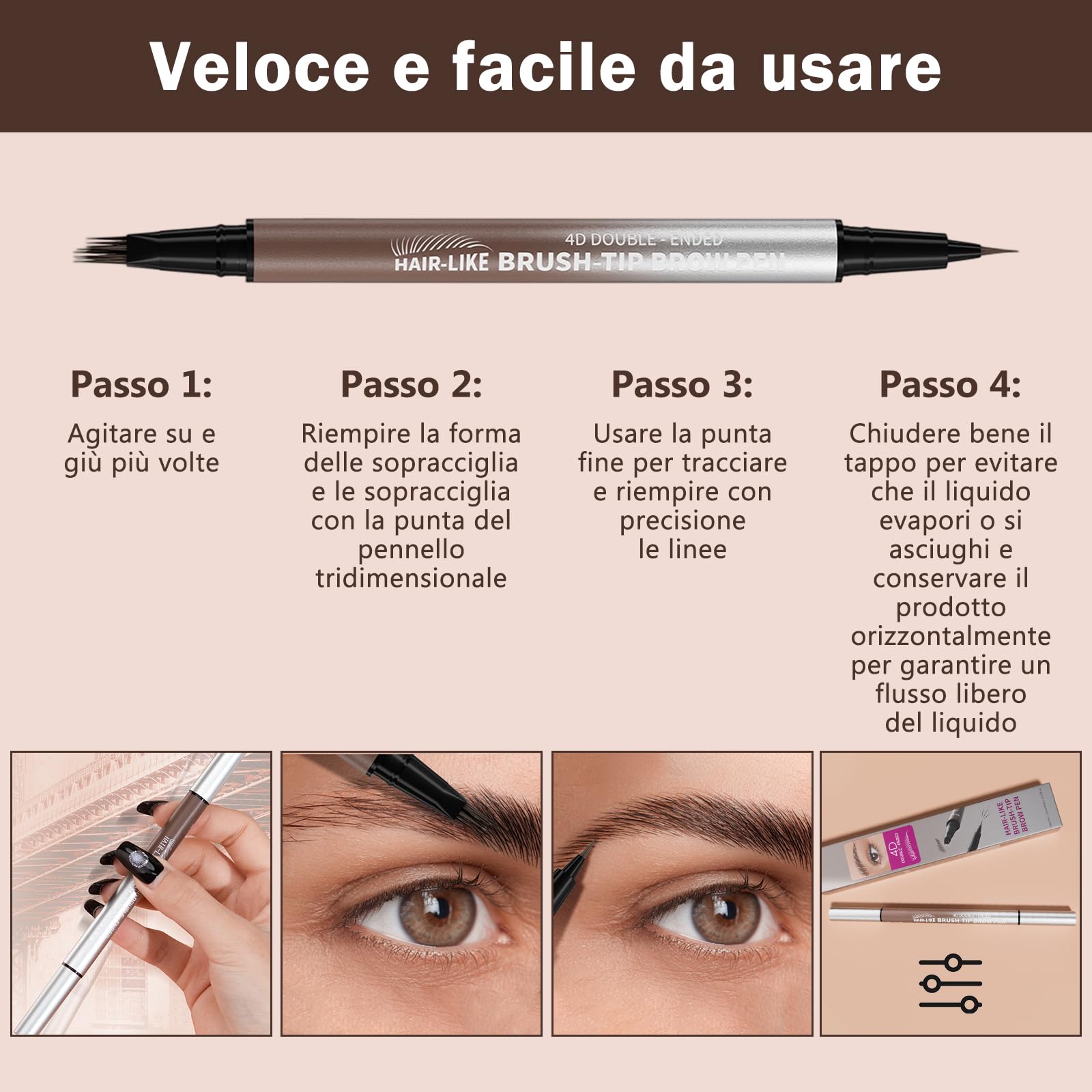 Erinde Matita Sopracciglia a Doppia Punta, Penna Sopracciglia Effetto Pelo 4D con Due Punte, Impermeabile e Anti-Sbavatura, a Lunga Durata, Riempimento Facile, Sopracciglia Naturali Effetto Pelo 02#