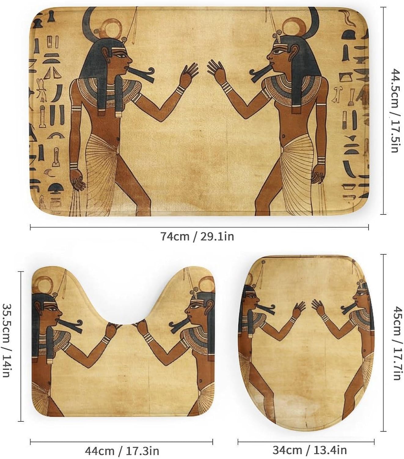 Ancient Egyptian Shower Curtain Set 4 Piece, Non-Slip Bath Mat with Toilet Lid Cover and Waterproof Shower Curtain with 12 Hooks, Complete Bathroom Set for Home Decor