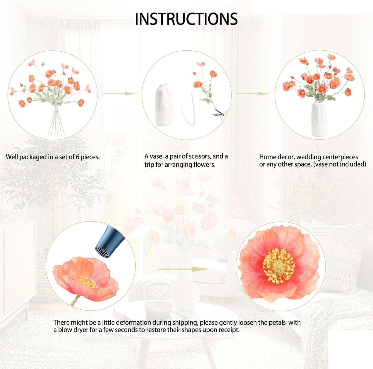 Artificial Poppy Flowers (6 Stems, Nude Pink), Silk Bouquets for Home Decor, Wedding, Table Centerpiece and Party Events, DIY Faux Floral Arrangements YS11