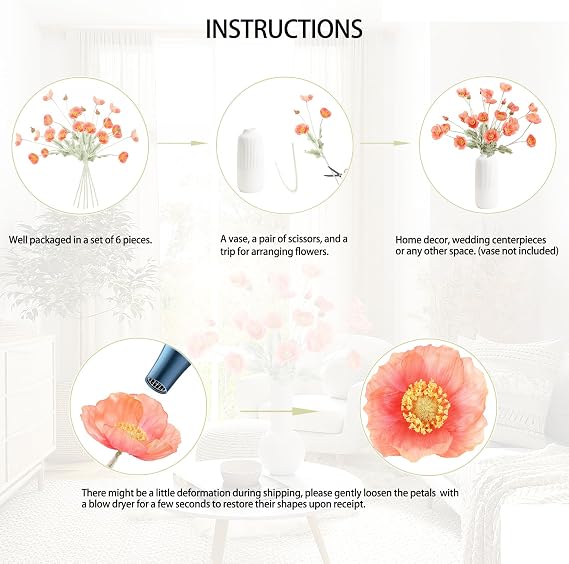Artificial Poppy Flowers (6 Stems, Nude Pink), Silk Bouquets for Home Decor, Wedding, Table Centerpiece and Party Events, DIY Faux Floral Arrangements YS11