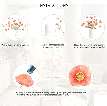 Artificial Poppy Flowers (6 Stems, Nude Pink), Silk Bouquets for Home Decor, Wedding, Table Centerpiece and Party Events, DIY Faux Floral Arrangements YS11