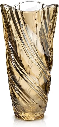 Florero grande de cristal con diseño en espiral, cristal grueso para decoración del hogar, color ámbar con acabado de alto reflejo, 11.5 pulgadas