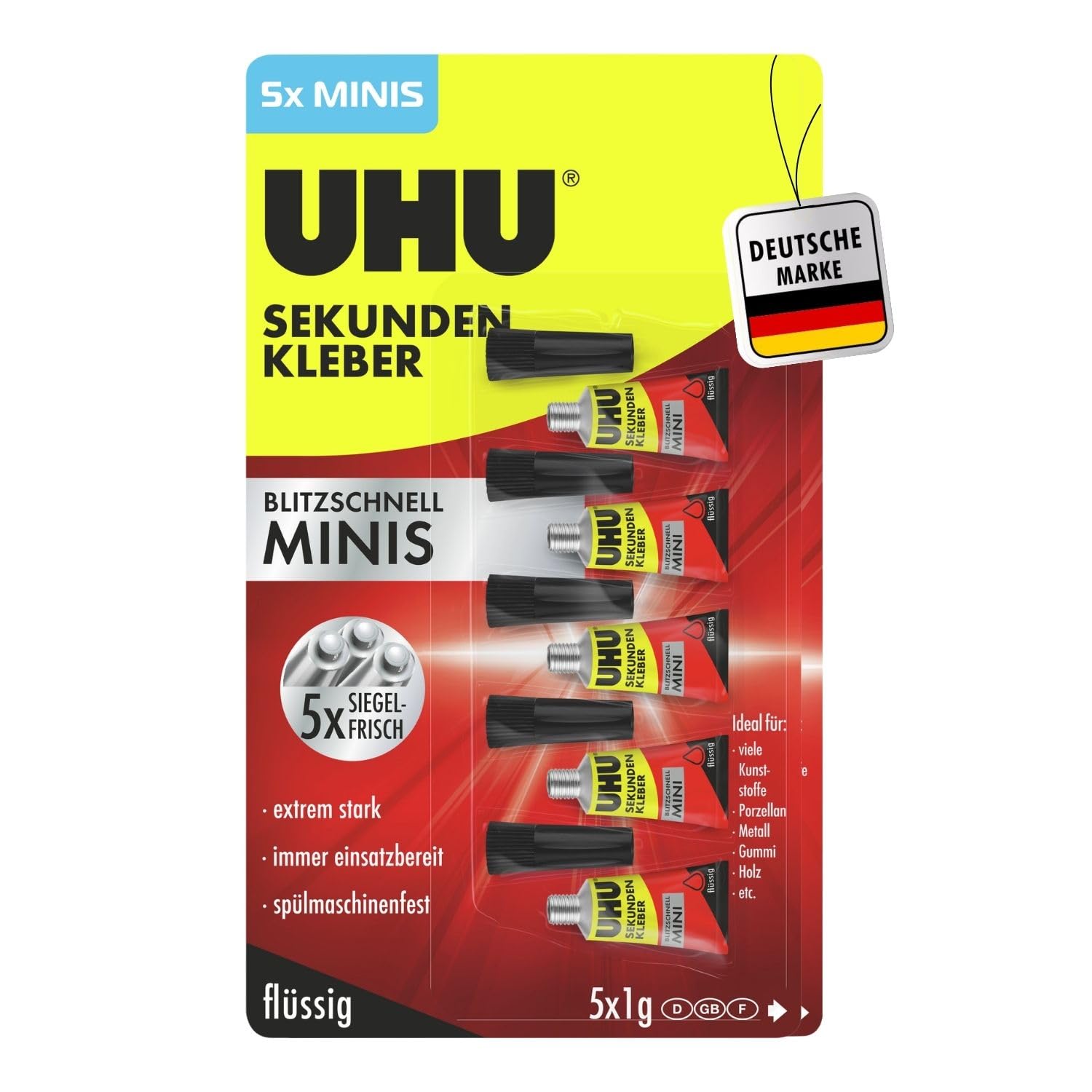 UHU Sekundenkleber extra stark | 5x1g Kleber Tuben für präzises Kleben | Sekundenkleber flüssig für Kunststoff, Metall, Holz, Keramik, Porzellankleber | Superkleber & Kunststoffkleber