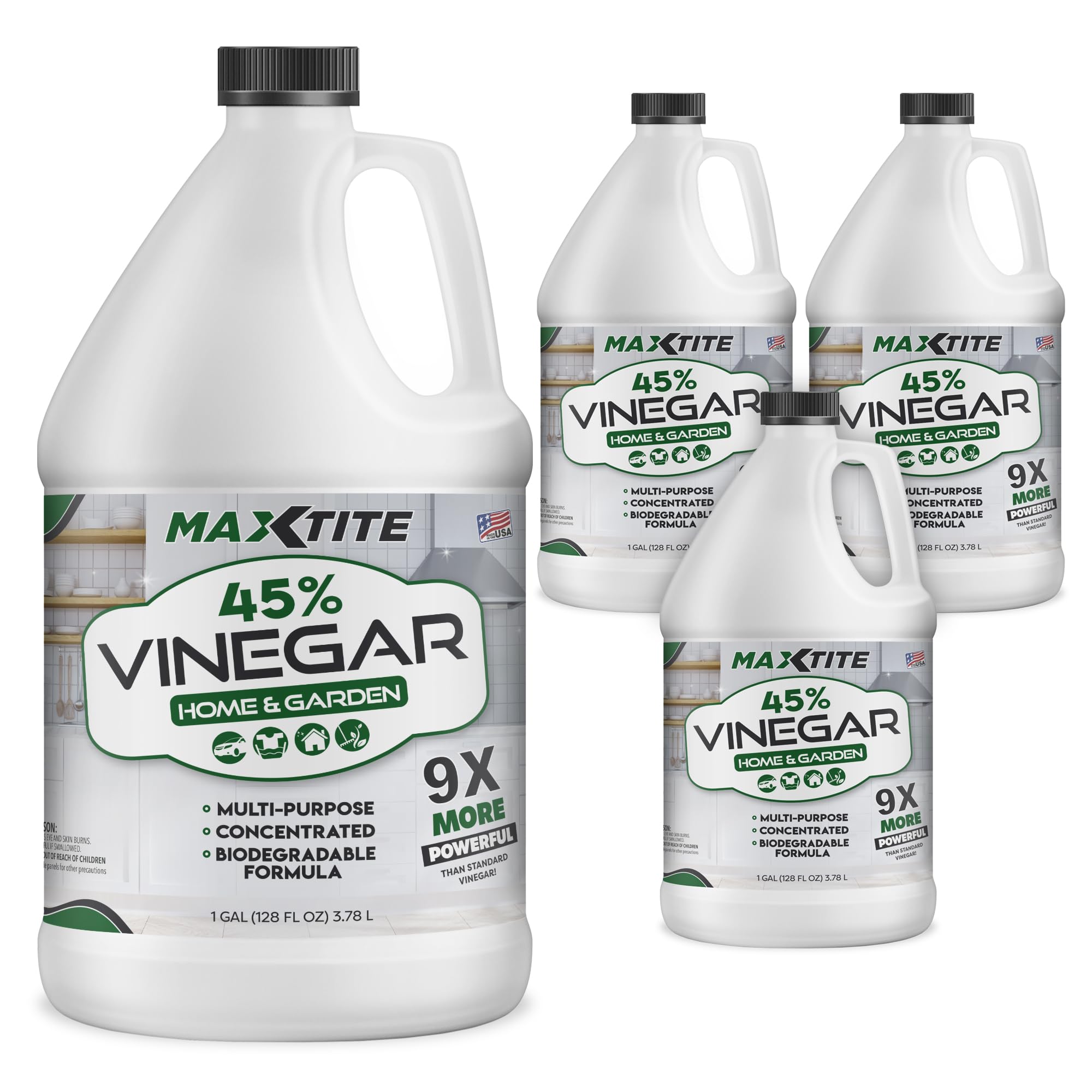 MaxTite Ultra-Strength 45% Vinegar for Home & Garden Cleaning (4 Pack of 1 Gallon Bottles)