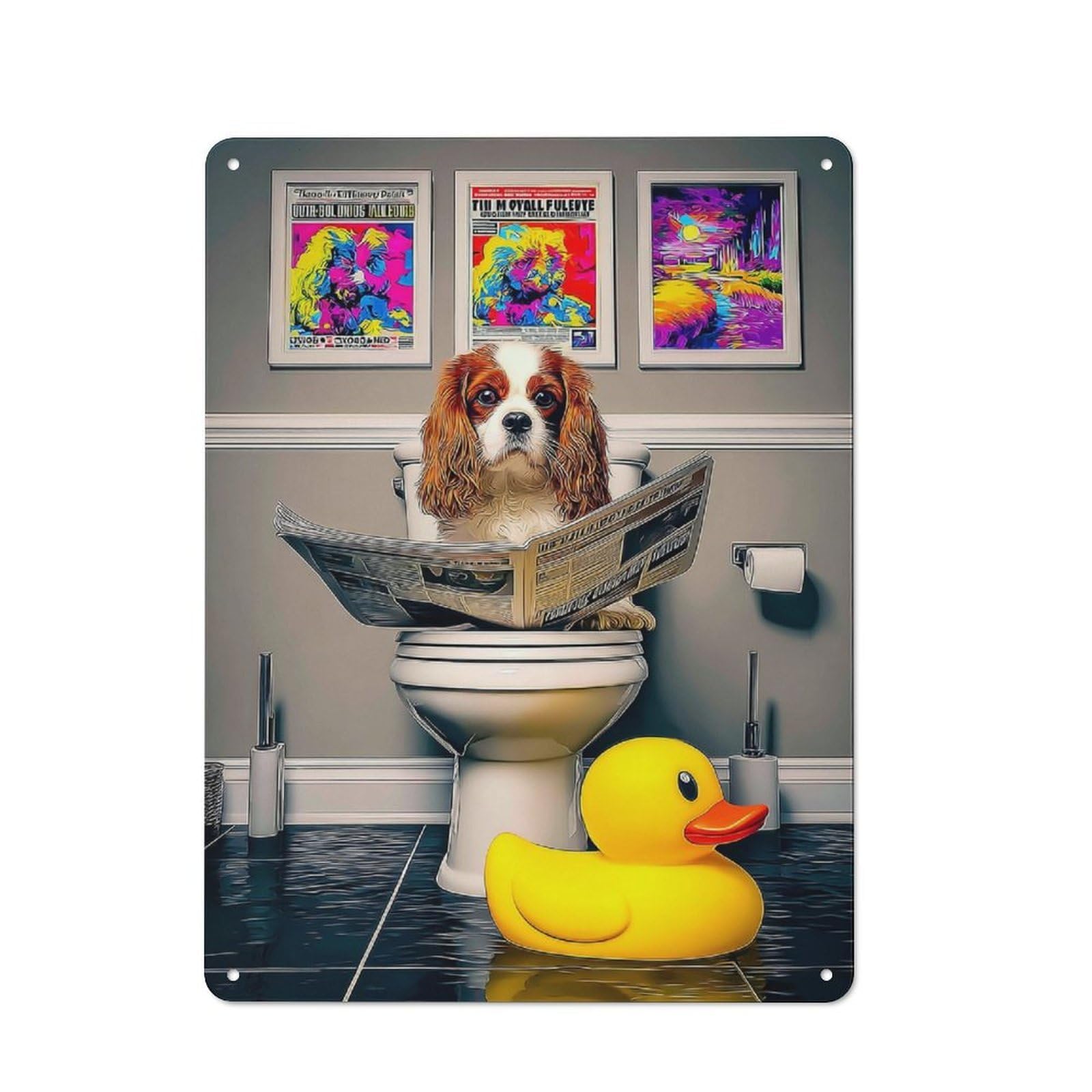 Junmoney Dog On Toilet Reading Newspaper With Rubber D Retro Metal Plaque 40X30cm Featuring Uck For Home Bar Wall, For Room Styling Across Home Bars And Entertaining Spaces