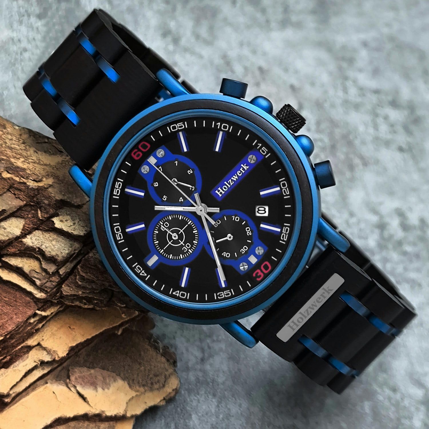 Holzwerk Germany Ręcznie wykonany designerski zegarek męski ekologiczny naturalny drewniany zegarek chronograf bransoletka zegarek analogowy zegarek kwarcowy niebieski brązowy data drewno tarcza