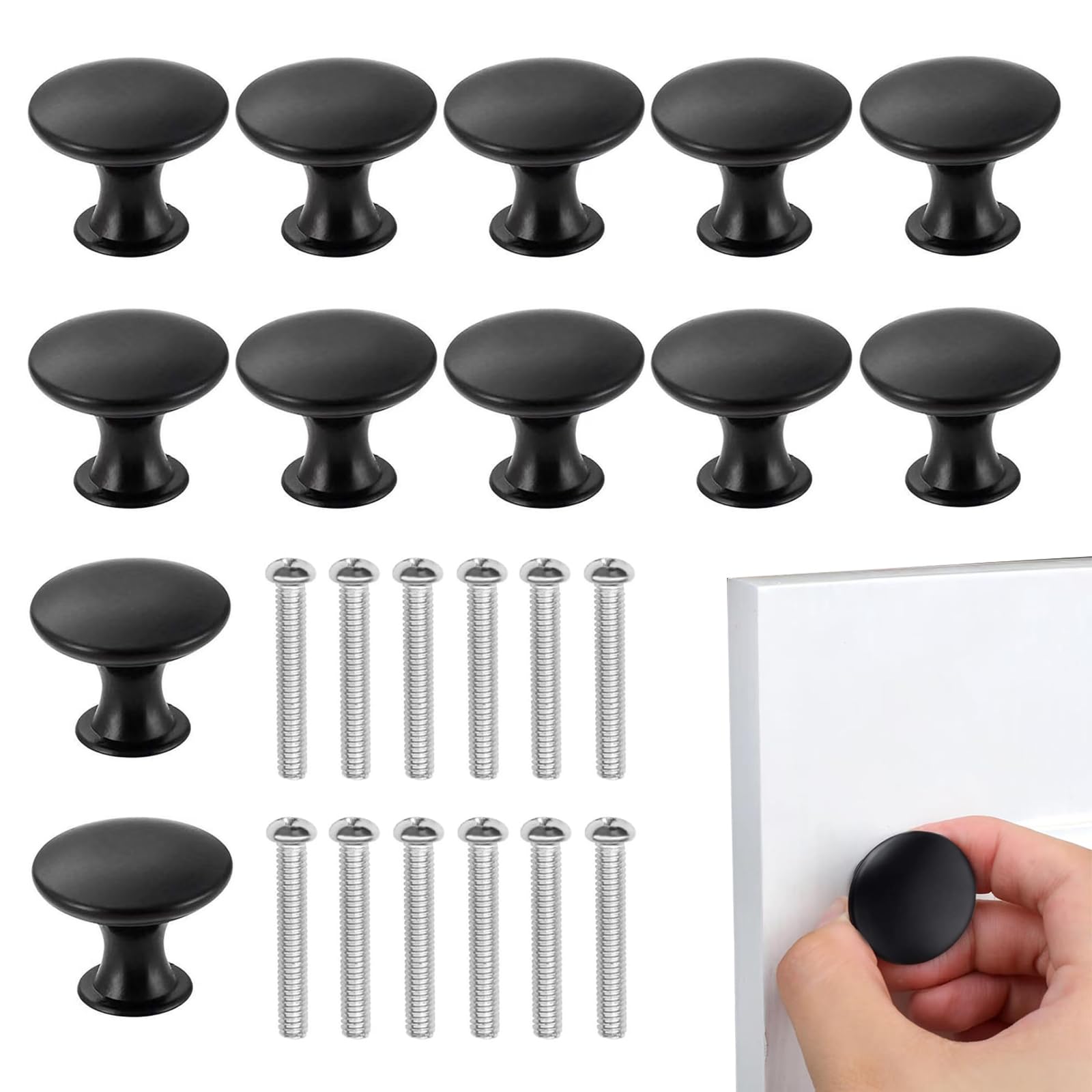 Confezione da 12 pomelli rotondi neri per armadietti, cassetti, cassettiere, porte, pomelli per armadietti, 30 mm, neri opachi, con viti, manopole in lega di zinco con finitura liscia e resistente