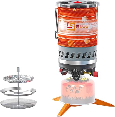 BLUU SOLO - Estufa de propano para mochilero, estufa de gas portátil para campamento al aire libre con olla y prensa de café francés, senderismo,