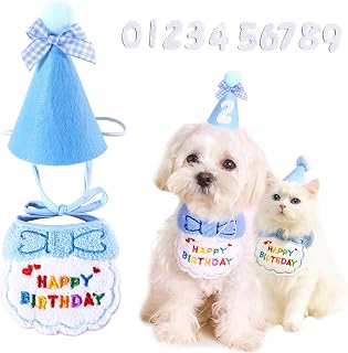 犬 誕生日帽子 3点セット 数字付き バースデーハット よだれかけ付き 調節可能 クラウン 犬 猫用 パーティーグッズ 三角帽子 小型犬 中型犬 (ブルー)