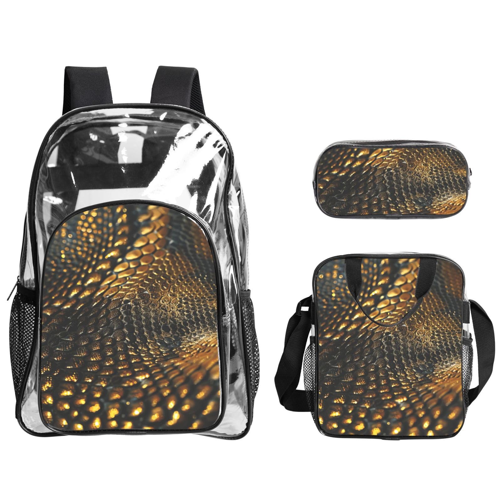 Juego de mochila transparente unisex de 3 piezas con estampado de piel de serpiente, bolsa de almuerzo, estuche para bolígrafos, viajes al aire libre