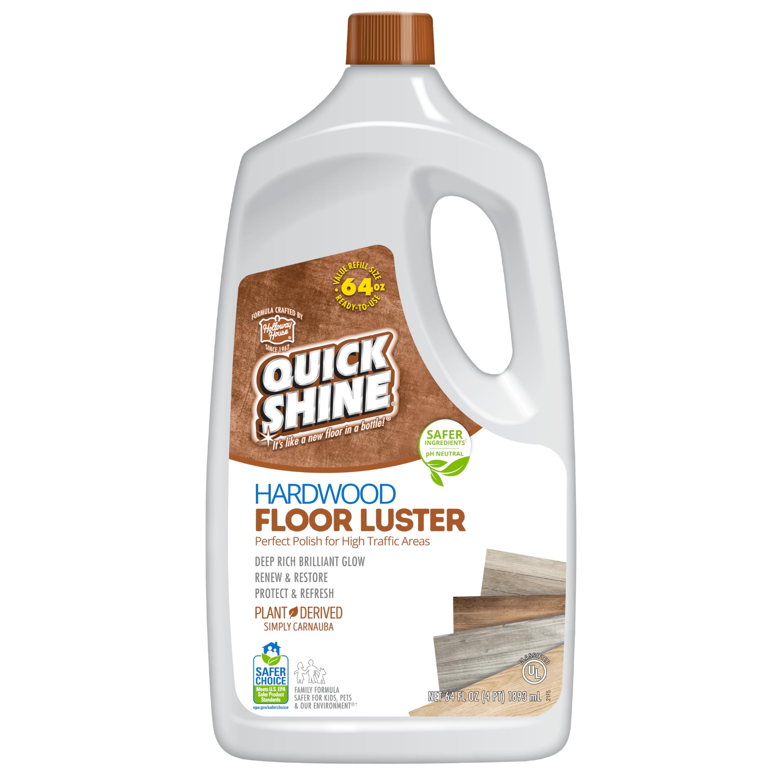 Quick ShineHardwood Floor Luster-Polish 64oz | Plant-Derived w/Carnauba | Safer Choice, No PFAS, pH Neutral | Ready to Use Formula w/Anti-Slip Technology | Simply Squirt & Spread | Made in USAU.S. EPA Safer Choice
