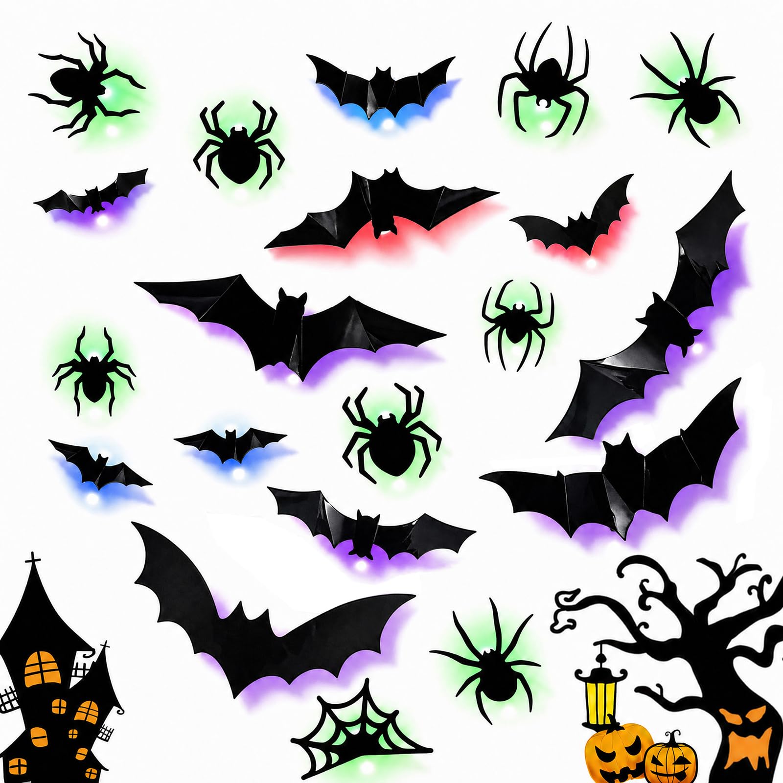 21PCS Halloween LED Bats Lights Sticker, 3D Realistic Glowing Wall Decals
