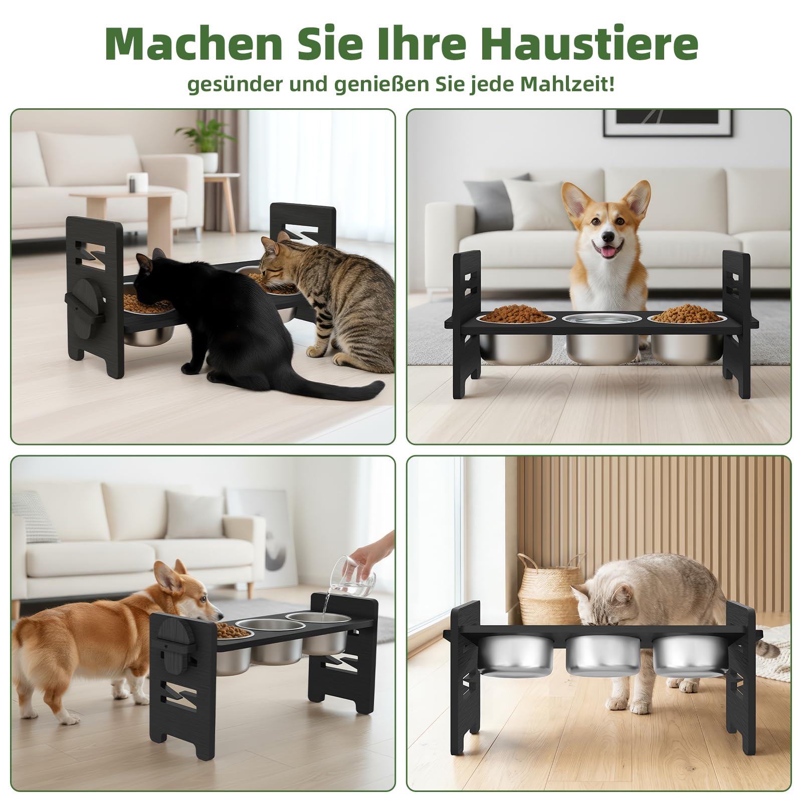 Mittimiya 3-teiliges Set Höhenverstellbar Katzennapf Erhöht, Erhöhter Futternapf Katze aus Bambus mit Edelstahl Näpfe für Wasser Futter, Futterstation Katze für Kleine Hunde und Katzen(Schwarz)