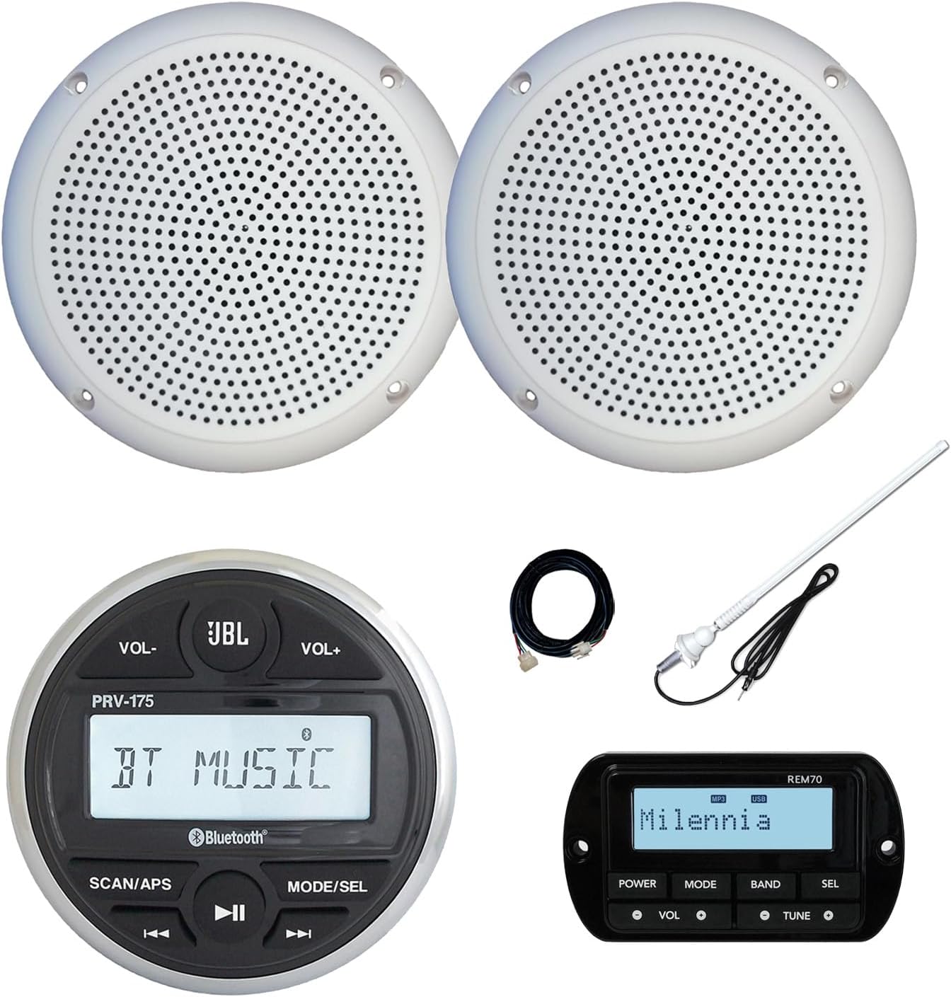 JBL PRV-175 Marine Gauge Hole Mount USB Bluetooth AM/FM Receiver, Wired Remote, Extension Cable, 2x 5.25" 20 Watt Max Power Polycone Audio Speakers, Long Range Antenna (White, Bulk Packaging)