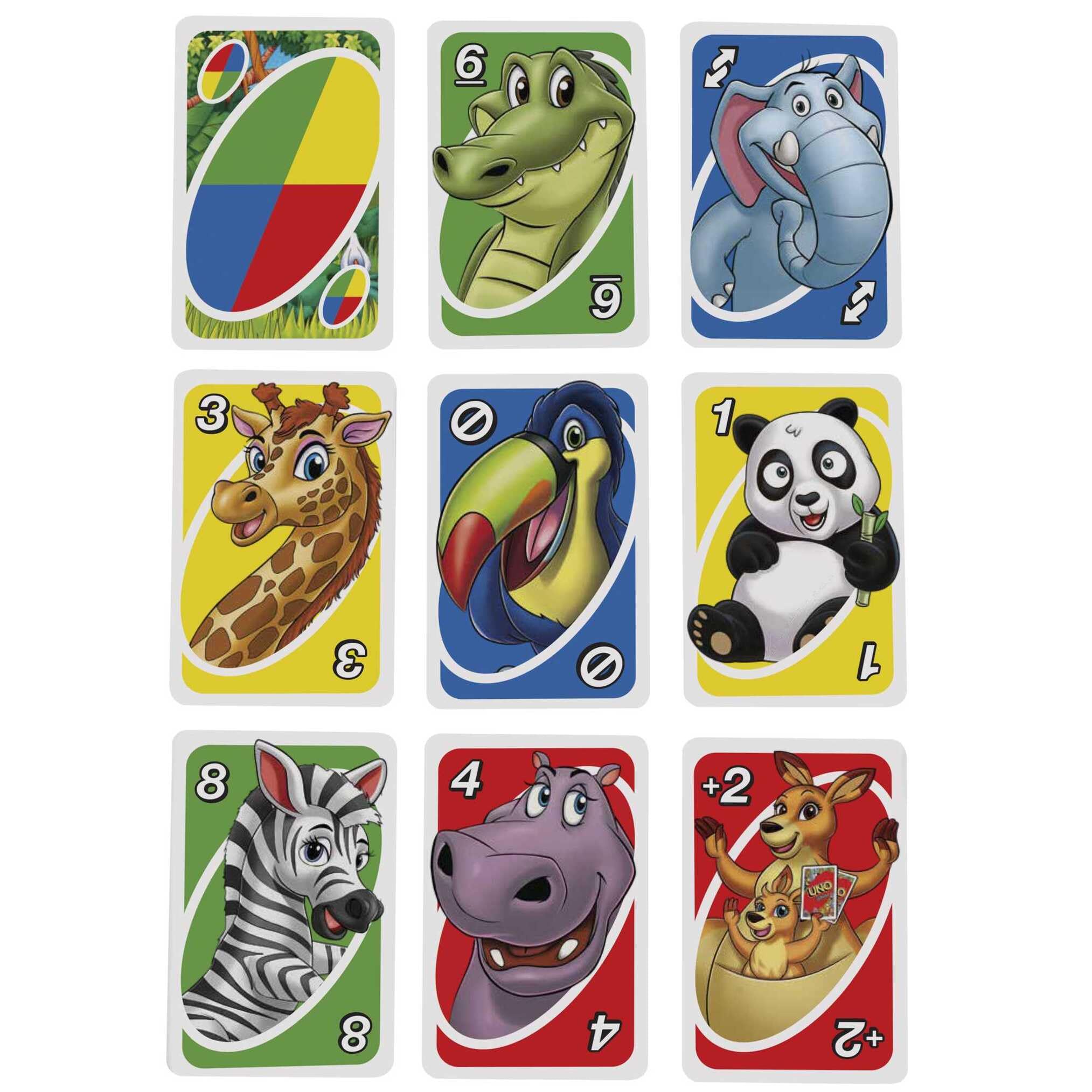 Mattel Games, Juego de Cartas UNO Junior, Juego de Mesa para niños con Dibujos de Animales (Mattel GKF04)