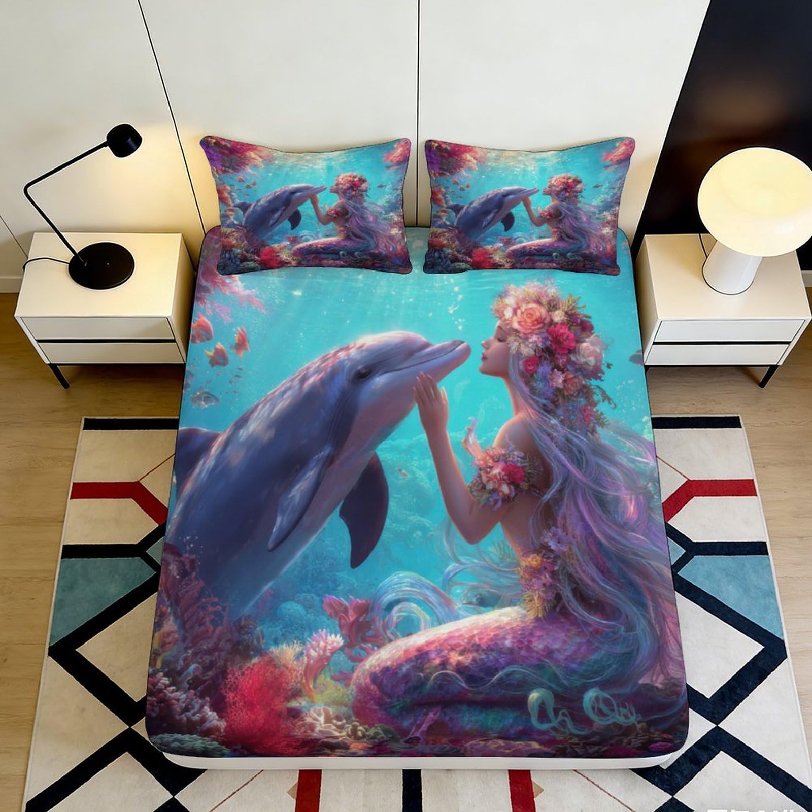 Dhbaneiok Style-9 3D Printed Mermaid Dolphin Fitted Sheet Microfiber Soft Vibrant Ocean Fantasy Bed Cover For Bedroom Dorm Mattress Protection 90X200x25cm