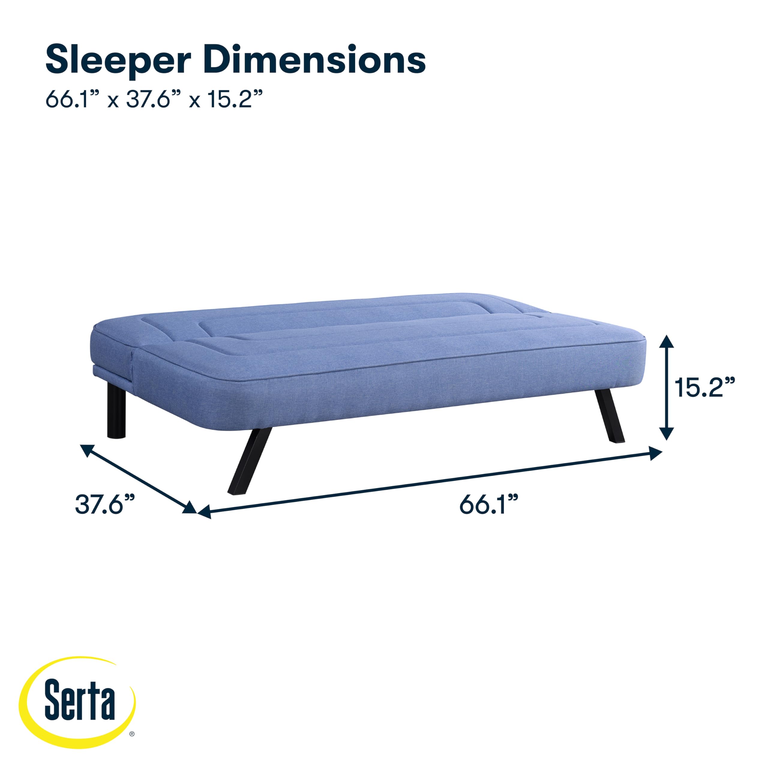 Serta Fairwood 66.1" Convertible Futon Sofa, Short Twin Size, Modern Boho, Dream Coil Comfort, Fingerguard Pinch Point Protection, Soft Woven Polyester Fabric, Blue