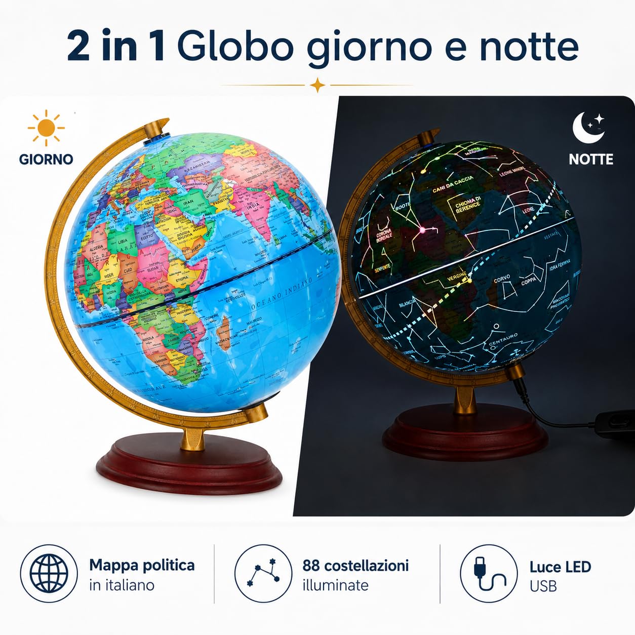 Exerz Mappamondo Illuminato 20 cm con Mappa Italiana e Costellazioni | Base in legno effetto palissandro arco metallico dorato luce LED USB per camera studio scuola regalo
