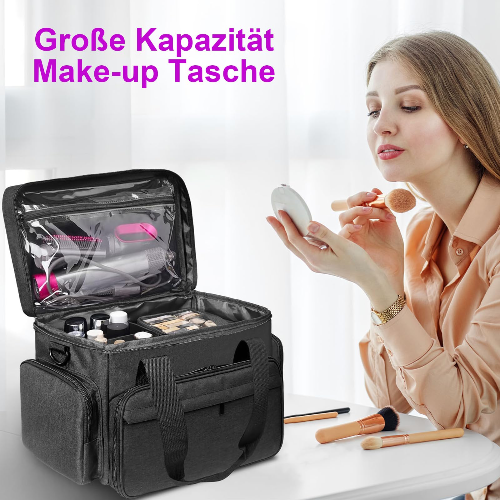 Große Make Up Organizer Tasche mit 2 Innentaschen, Kosmetiktasche Groß mit Einstellbaren Teiler, Make Up Tasche, Portable Beauty Case, für Reise, Unterwegs