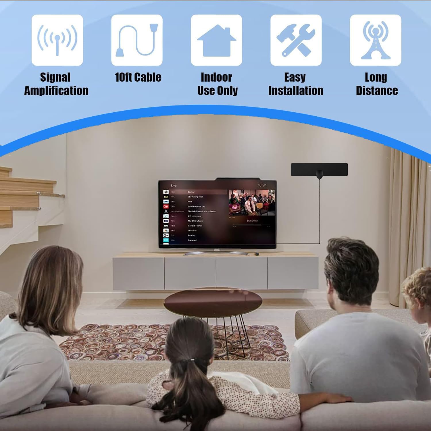 Antenna digitale HDTV 2026 per interni, ricezione a 360°, antenna TV amplificata, supporta 4K 1080P, facile installazione portatile con cavo coassiale da 3,2 m, compatibile con tutte le Smart TV