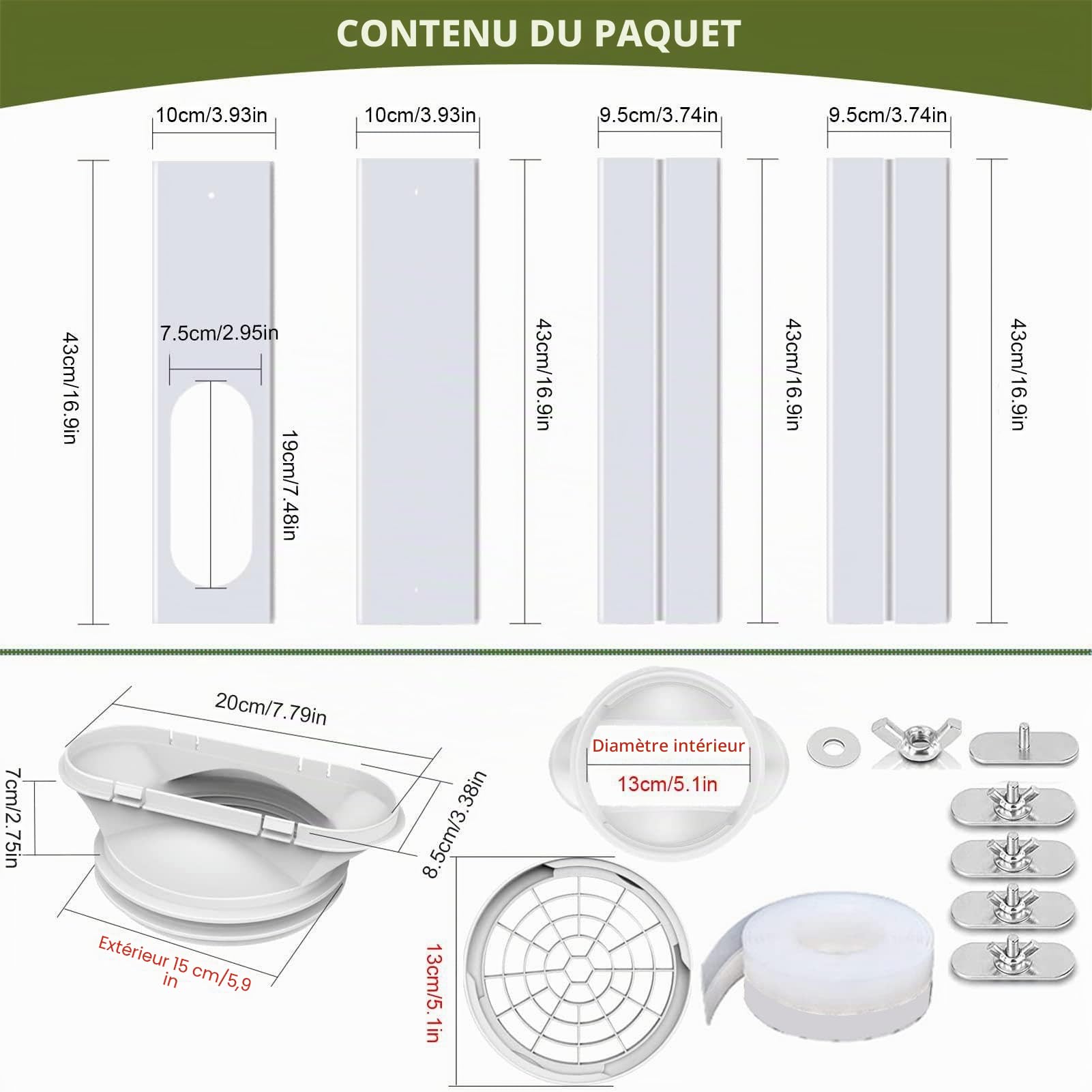Joint de fenêtre de climatisation pour volets roulants - Adaptateur de tuyau d'évacuation - Joint de fenêtre - Kit de rechange - Tuyau d'évacuation d'air - Adaptateur de tuyau d'évacuation - 4
