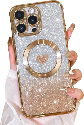 Bonoma Purpurina magnética para iPhone 15 Pro Max compatible con MagSafe , funda transparente de lujo con diseño de corazón de amor, protección de
