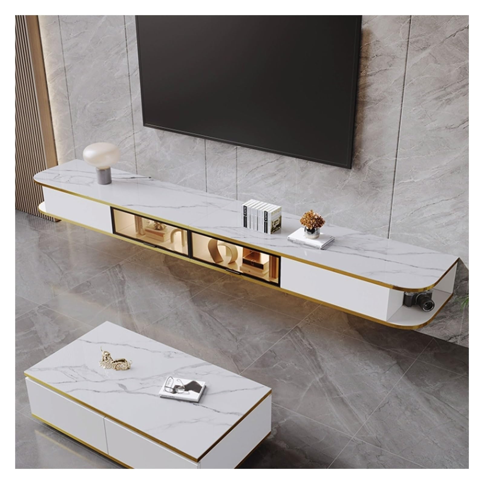 DFGHNBVC Console Floating Tv Stand, Modern Wall-Mounted Hanging Tv Cabinet Entertainment Center With 2 Drawers And 2 Doors, Fully-Assembled, 78.7"/94.4'' Entertainment,White-240X23X30Cm