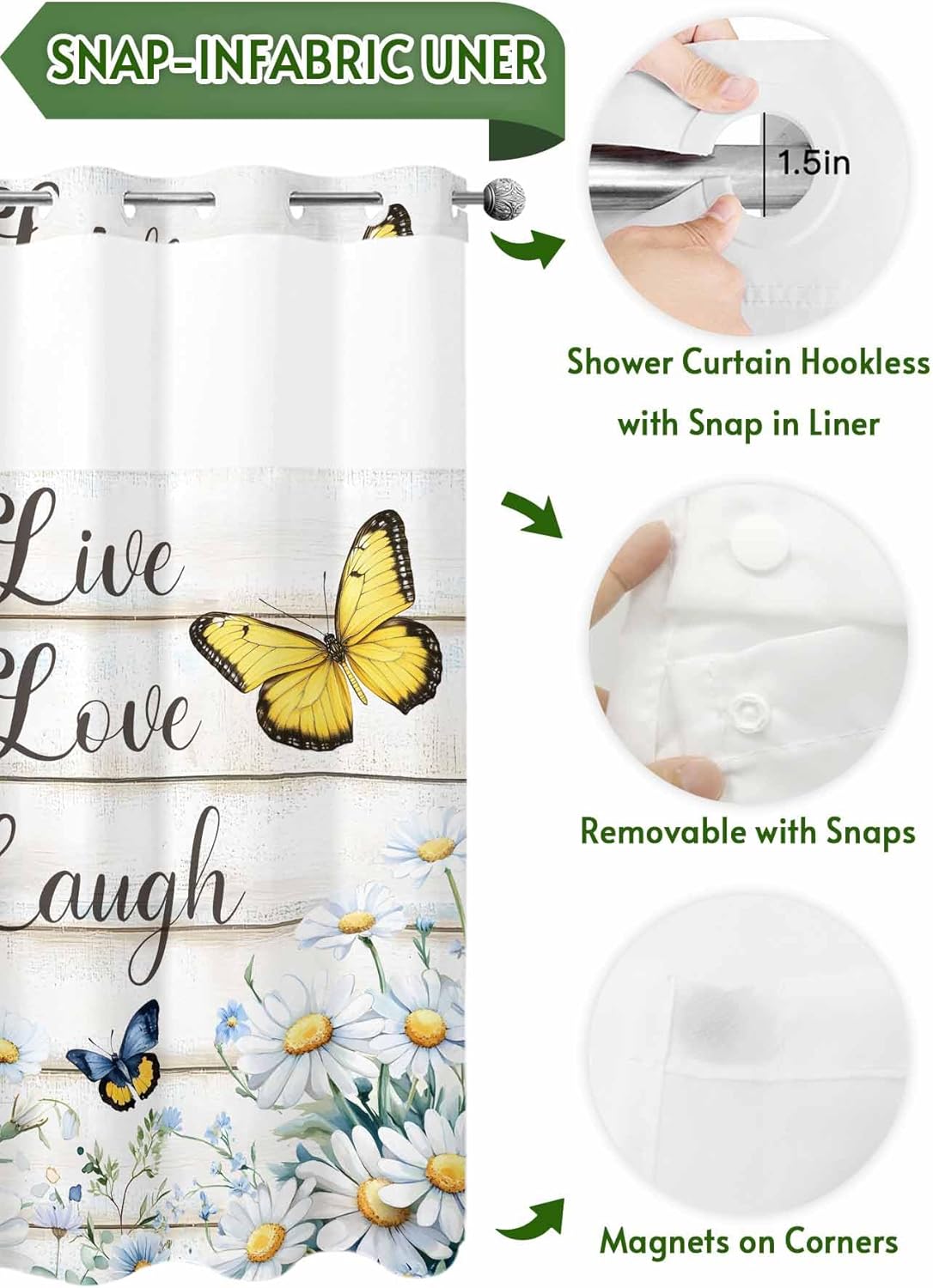 No Hooks Shower Curtain with Snap in Fabric Liner Set, Farm Daisy Flower Butterfly Shower Curtains Waterproof & Washable Bathroom Curtain with See Through Top Window,Hotel Style,60x72in