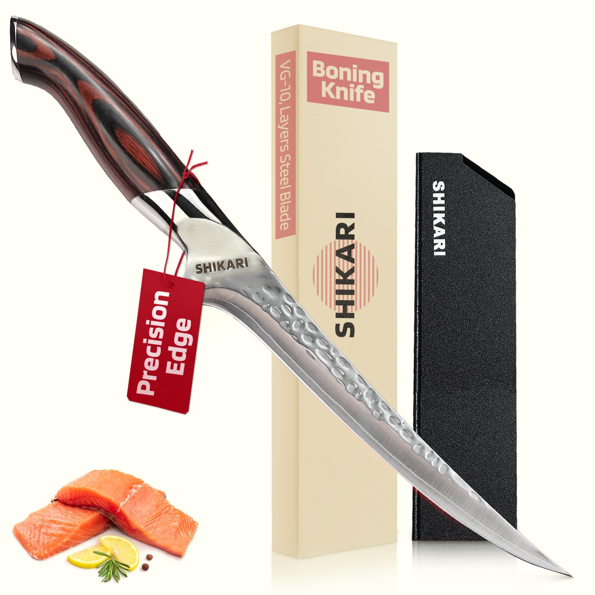 SHIKARI Boning Knife – 7 Inch Filet Knife for Fish & Meat – VG10 Steel Blade with Hammer Pattern – Professional Boning Knives for Meat Cutting – Ergonomic Pakkawood Handle