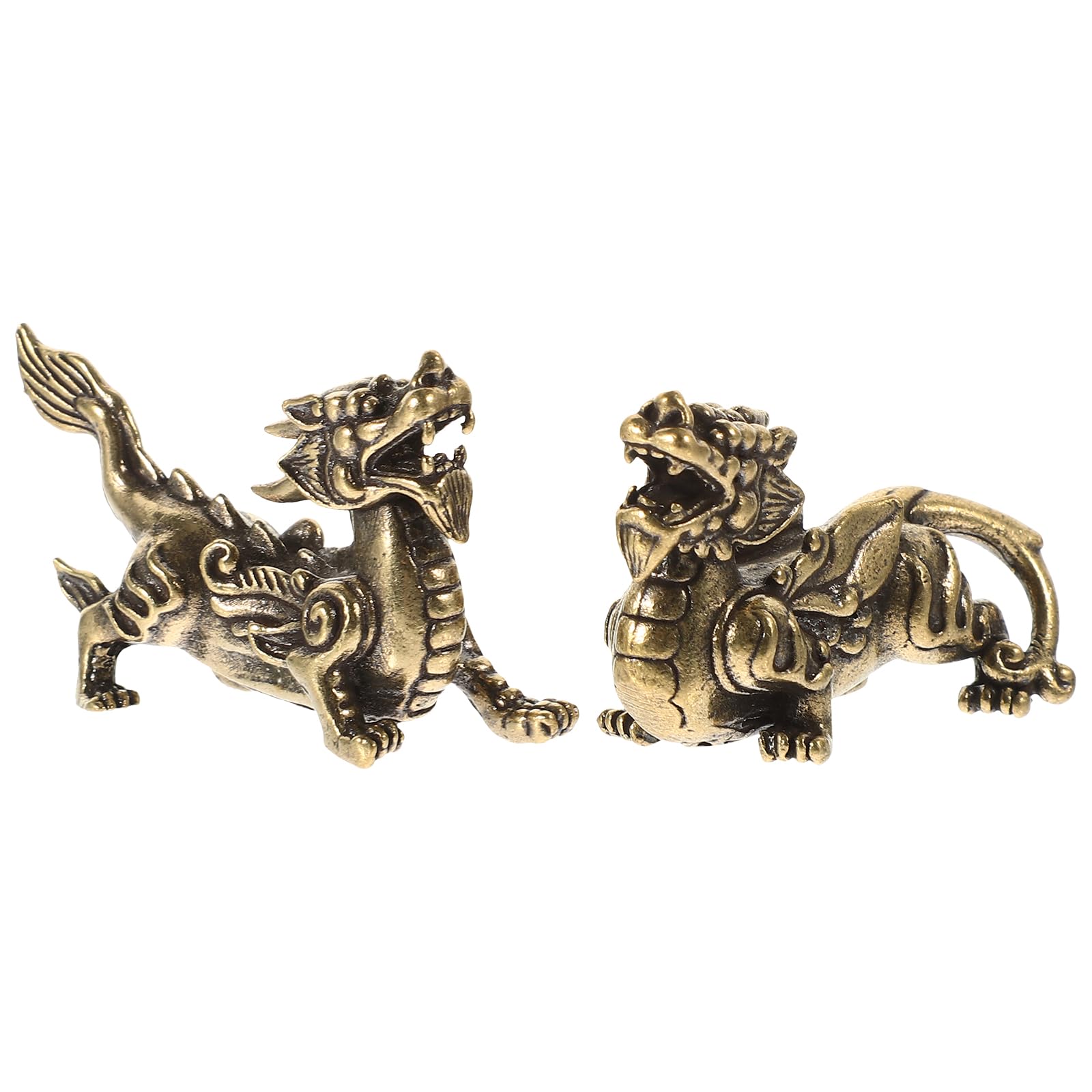Veemoon 2 Pcs Vintage Brass Kylin Statues,Feng Shui Animal Ornaments Chinese Dragon Artware Miniature Home Desktop Decoration with Delicate Craftsmanship