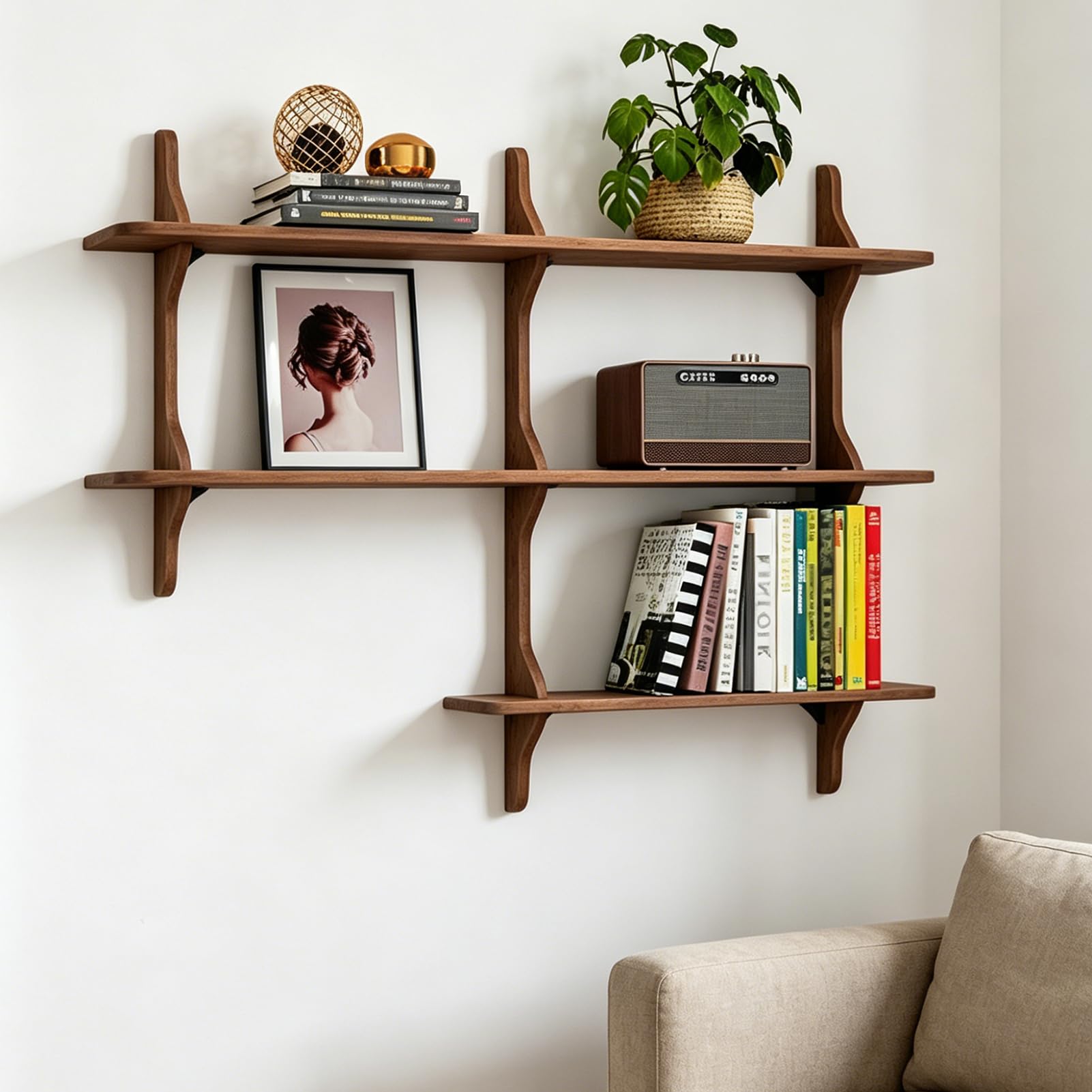 Wandregal Holz 3-Stöckiges Bücherregal Wand (Walnussfarbe, 120cm)