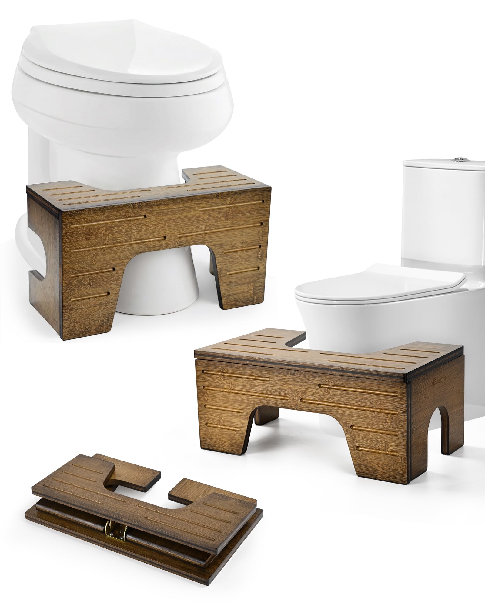 StrongTek Bamboo Toilet Stool, Foldable 7–9 in, 300 lb, Dark Walnut