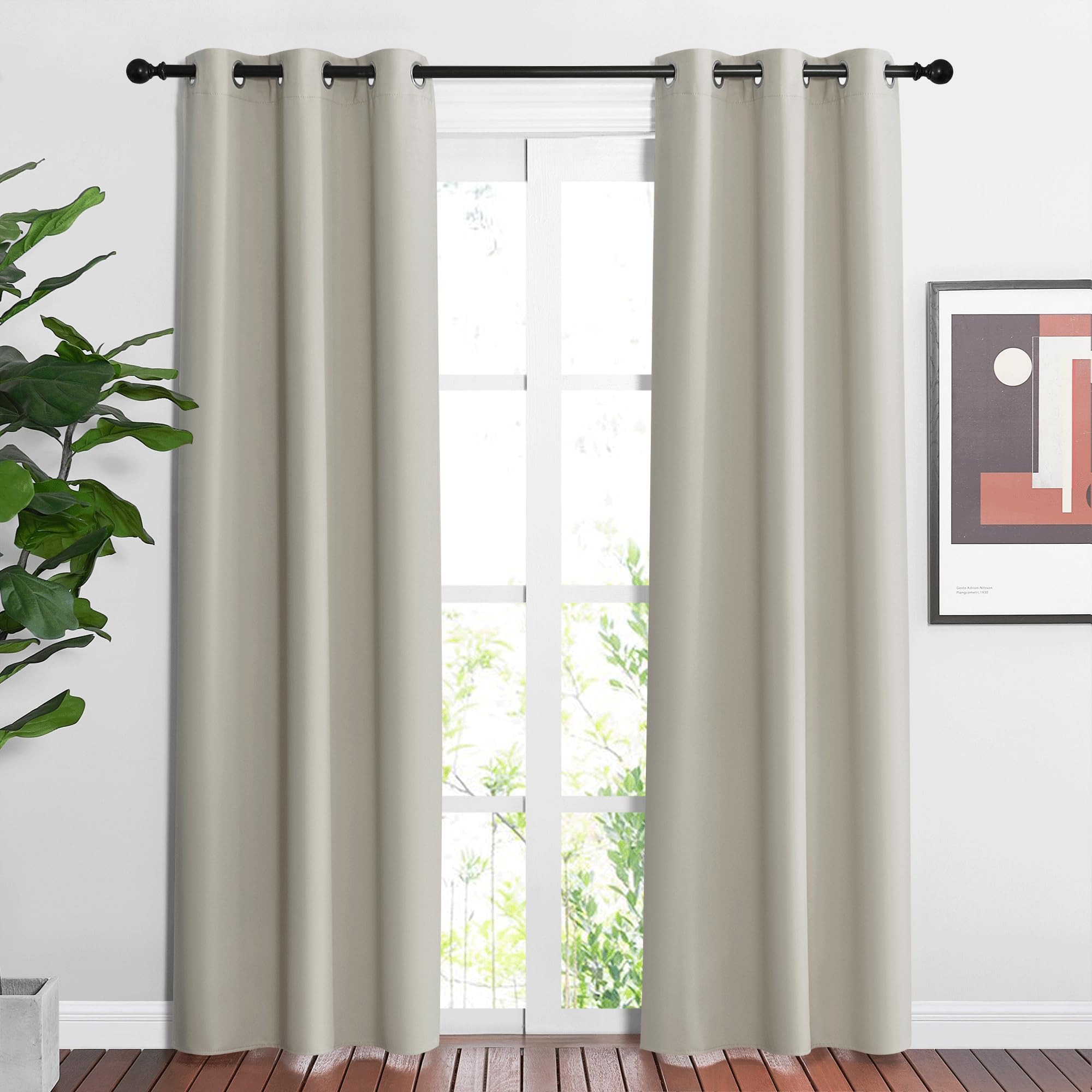 NICETOWN Blackout Natural Curtains & Drapes for Living Room - Thermal Insulated Solid Grommet Sound Reducing Energy Saving Privacy Window Treatments