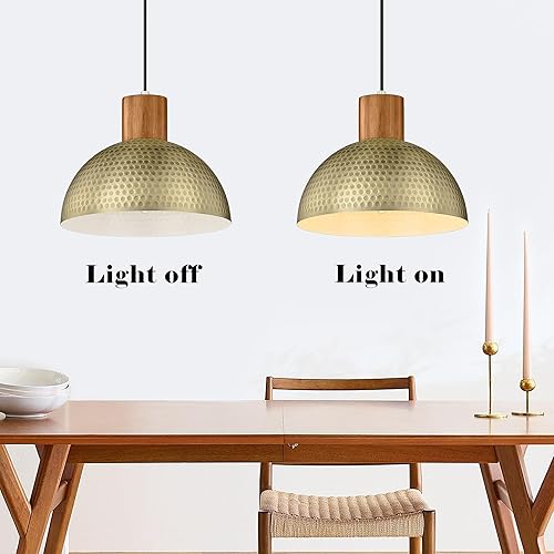 Miniatura 5 de ELYONA Lámparas colgantes vintage, lámpara colgante de latón cepillado de 12 pulgadas de metal martillado y madera de caucho, lámpara colgante de
