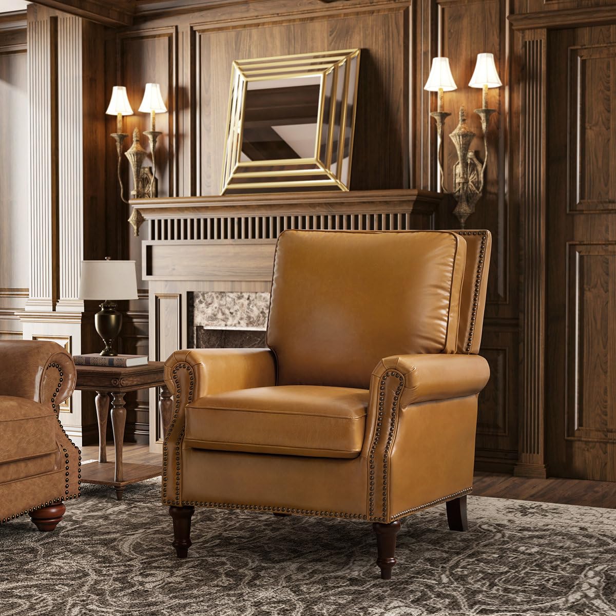 Wajeeh 33" W Mid-Century Modern Faux Leather Accent Chair with Wide Seat, Ergonomic Backrest & Solid Wood Legs, Stylish Lounge Chair for Living Room (Camel)-image-31