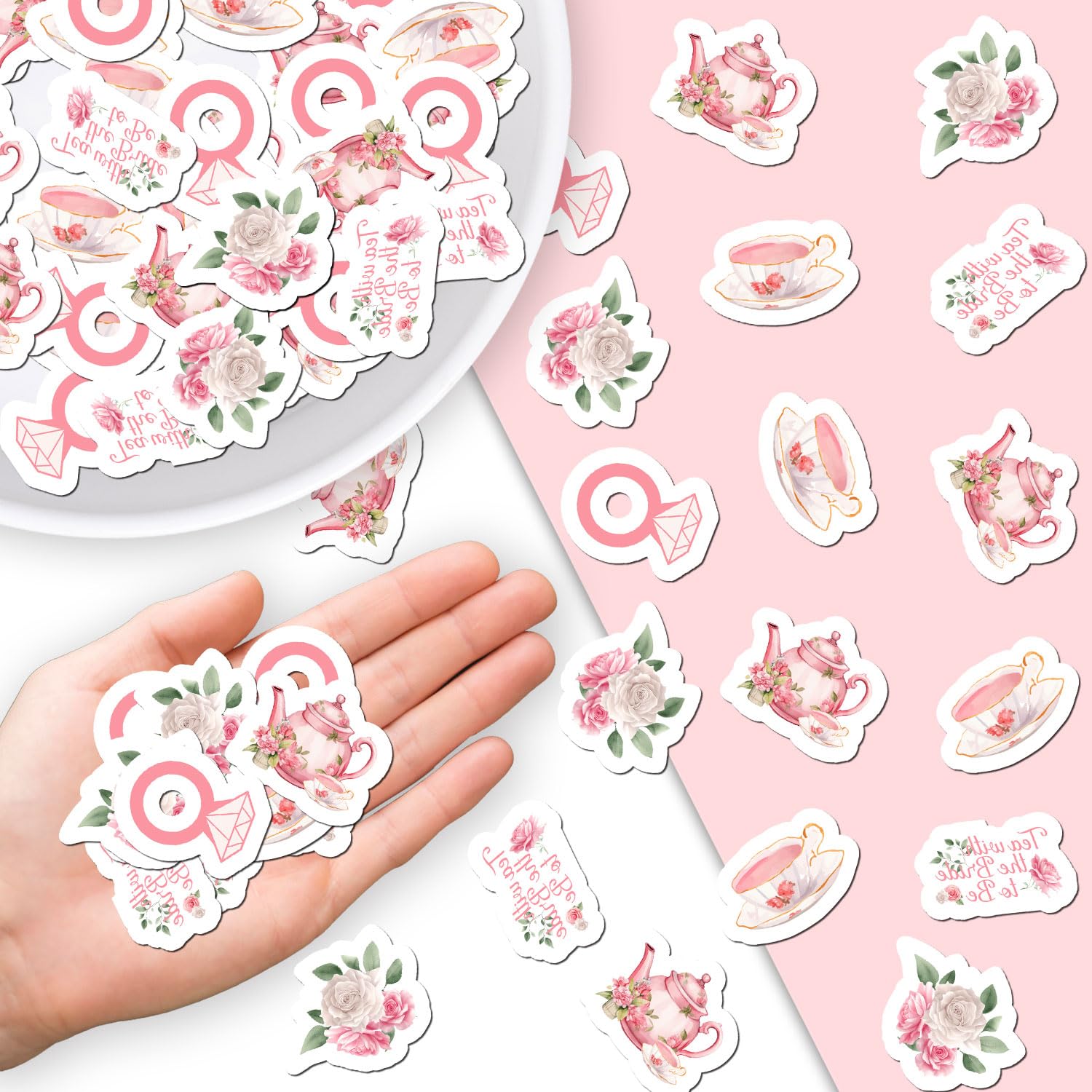 Confeti para fiesta de té, tiempo para el té con la futura novia, confeti, taza de té, tetera de papel, diseño floral rosa, decoración de mesa de despedida de soltera, para una novia que está