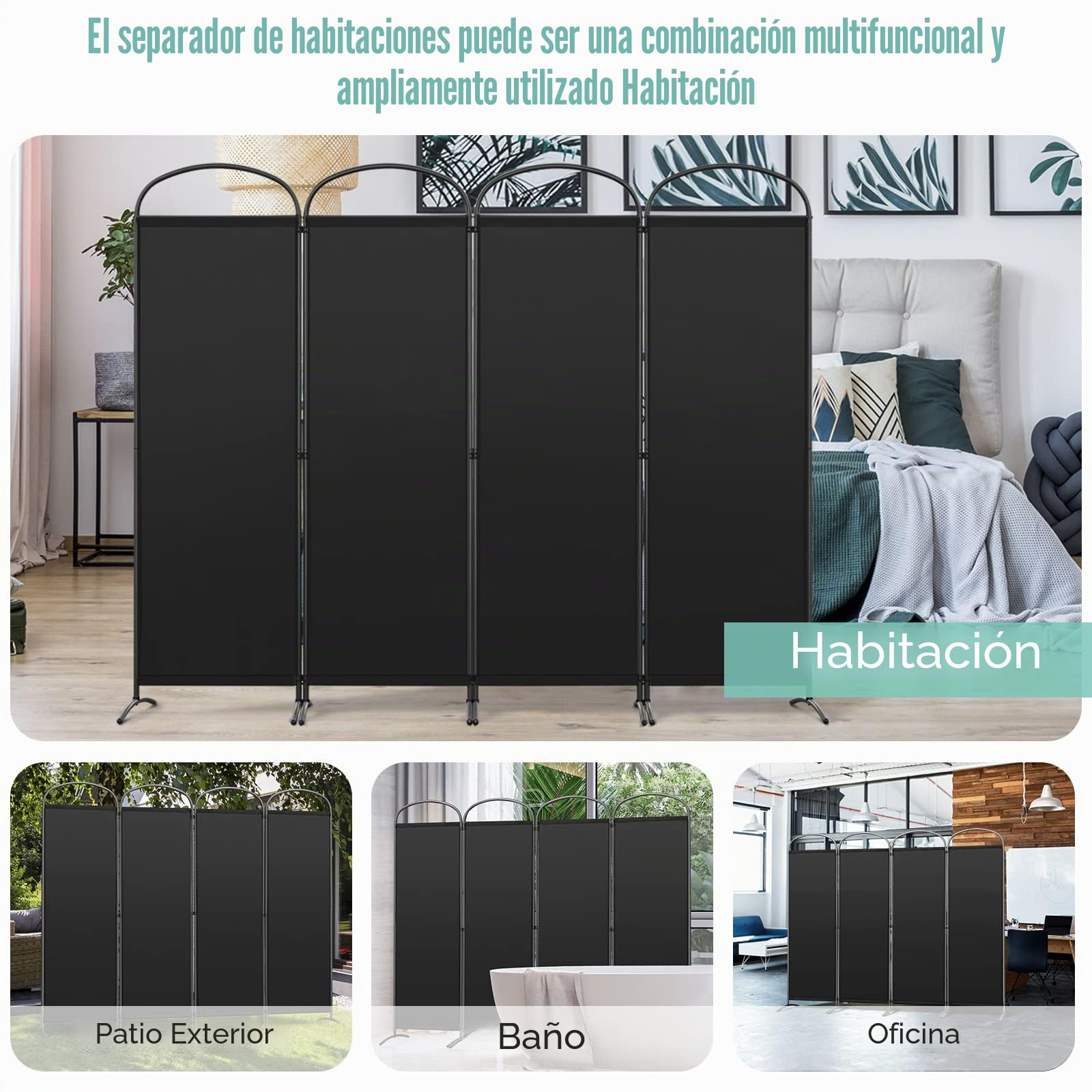Angel Living Biombo Separador de 4 Paneles con el Techo y la Base en la Forma Curv, Decoración Elegante, Separador de Ambientes Plegable, Divisor de Habitación, 224x182 cm (Negro)