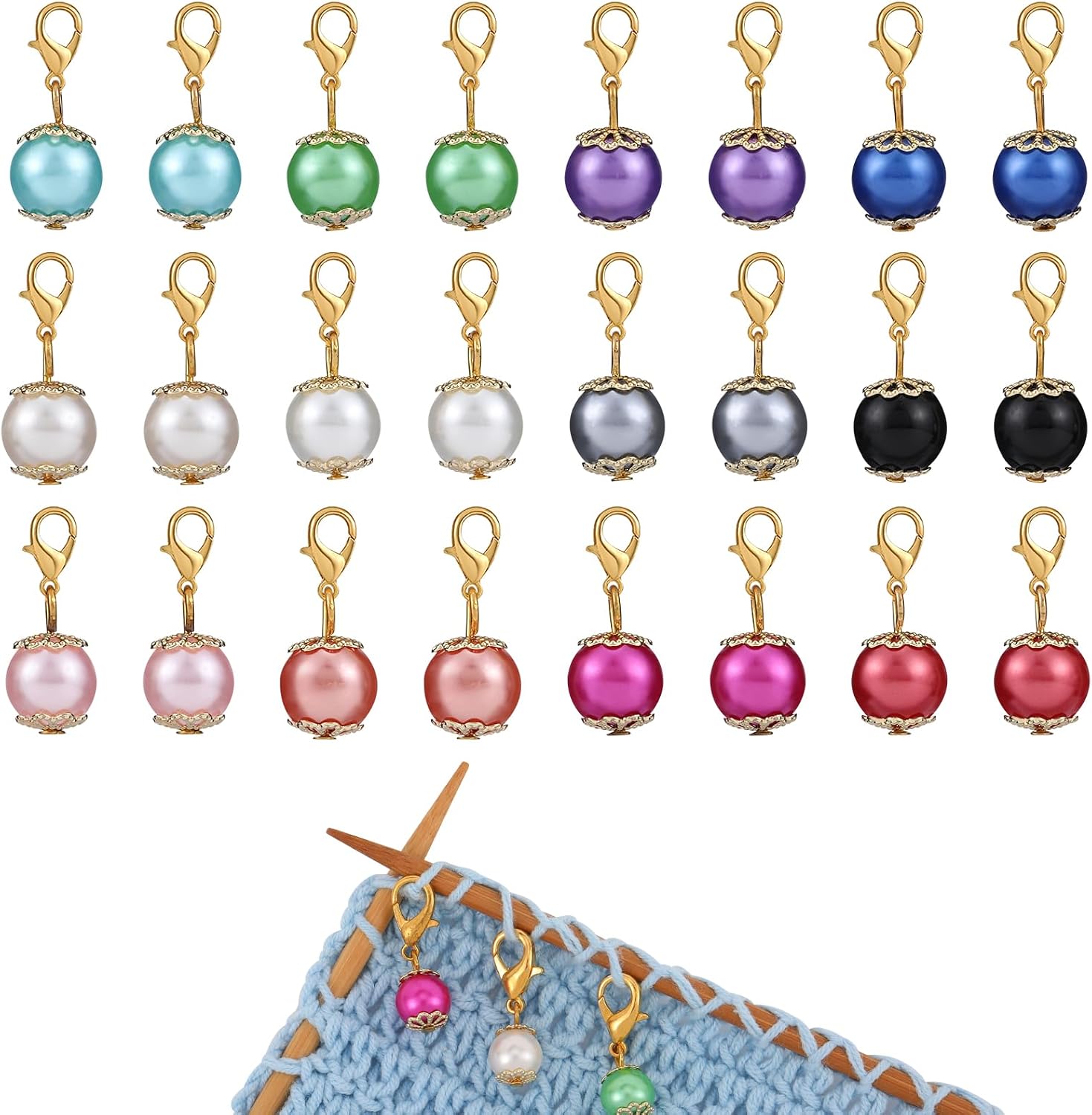 COGCHARGER 24Pcs Glass Pearl Stitch Markers Removable Crochet Knitting Markers with Lobster Clasp Charms for Sewing Knitting Weaving Accessories DIY Craft