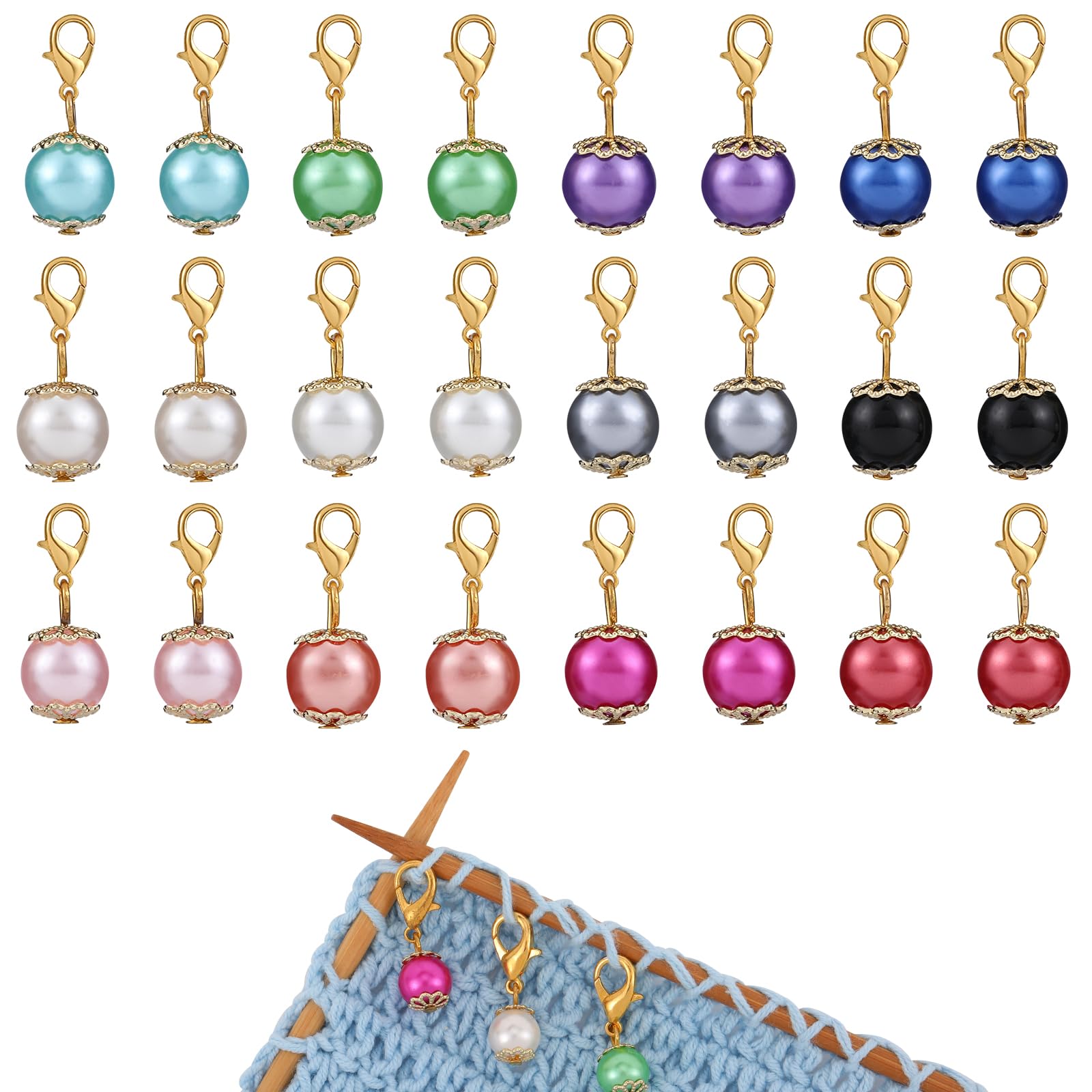 COGCHARGER 24Pcs Glass Pearl Stitch Markers Removable Crochet Knitting Markers with Lobster Clasp Charms for Sewing Knitting Weaving Accessories DIY Craft