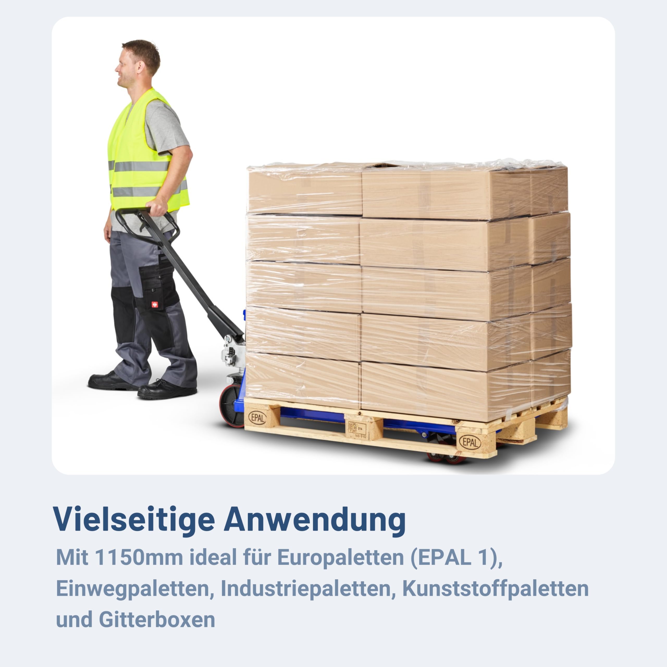 Pallit Hubwagen 2500 kg Palettenwagen 1150 mm Gabellänge PU Rollen Robuster Gabelhubwagen mit PU Polyurethan Rollen Handhubwagen aus Stahl, langlebig Palettenhubwagen SIX