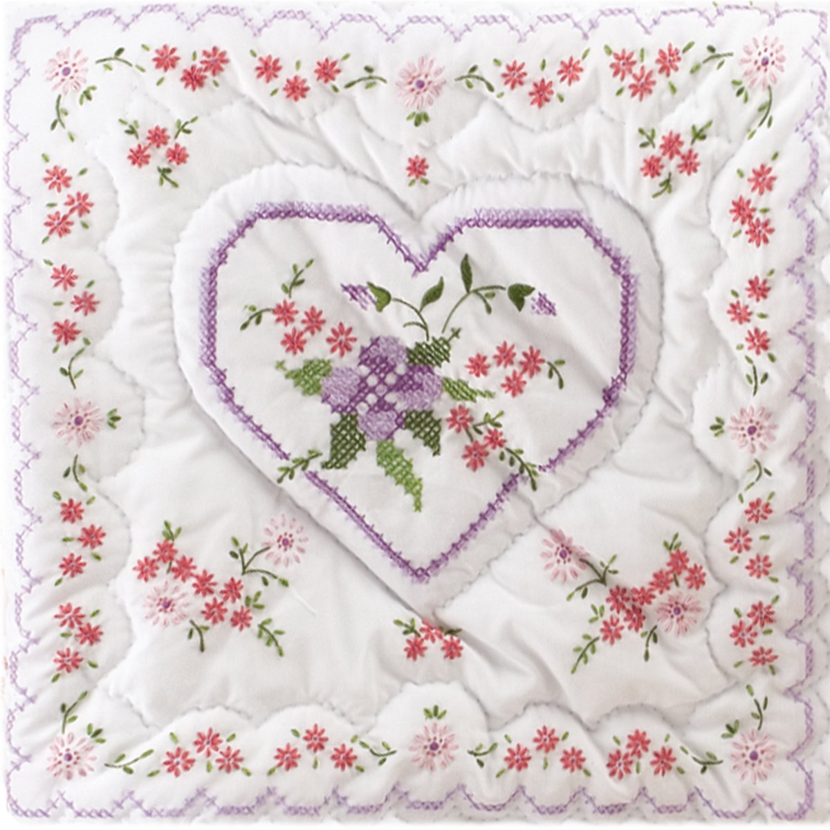Tobin Stamped Quilt Blocks Cross Stitch Kit, 18 by 18-Inch, Lilac Hearts, White, 6 Per Package