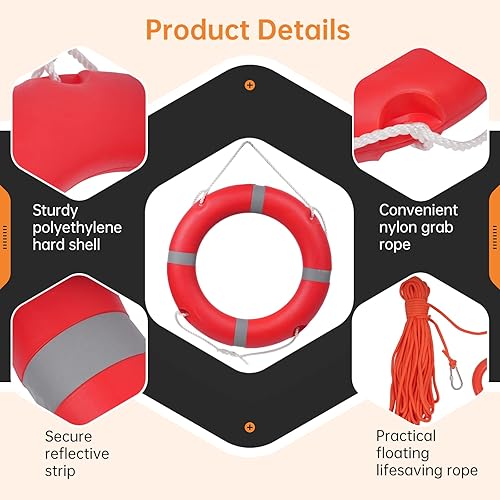 Miniatura 3 de yeesport Anillo de seguridad para barco de 28 pulgadas, anillo de vida estándar de 5.5 libras con juego de cuerda flotante de agua de 98.4 pies,