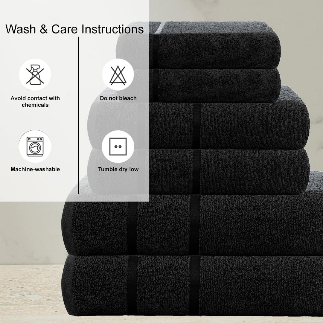 CASA COPENHAGEN Eternal 6Pcs 100% Egyptian Cotton Large Designer Towels Gift Set- Pitch Black, 500 GSM, 2Bath 2Hand 2Washcloths, Bath Towels for Bathroom Set for Women & Men
