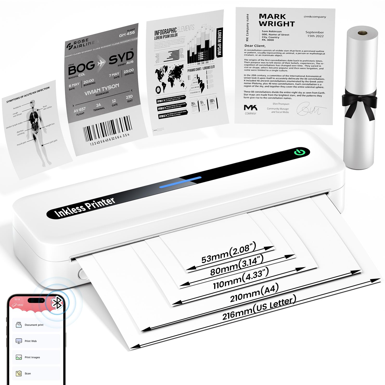 Impresora Térmica A4, M832 Impresora Portátil para Casa, Oficina, Estudio, Impresora Sin Tinta con Papel Térmico, Impresora Bluetooth Compatible con Teléfonos Móviles y Ordenadores