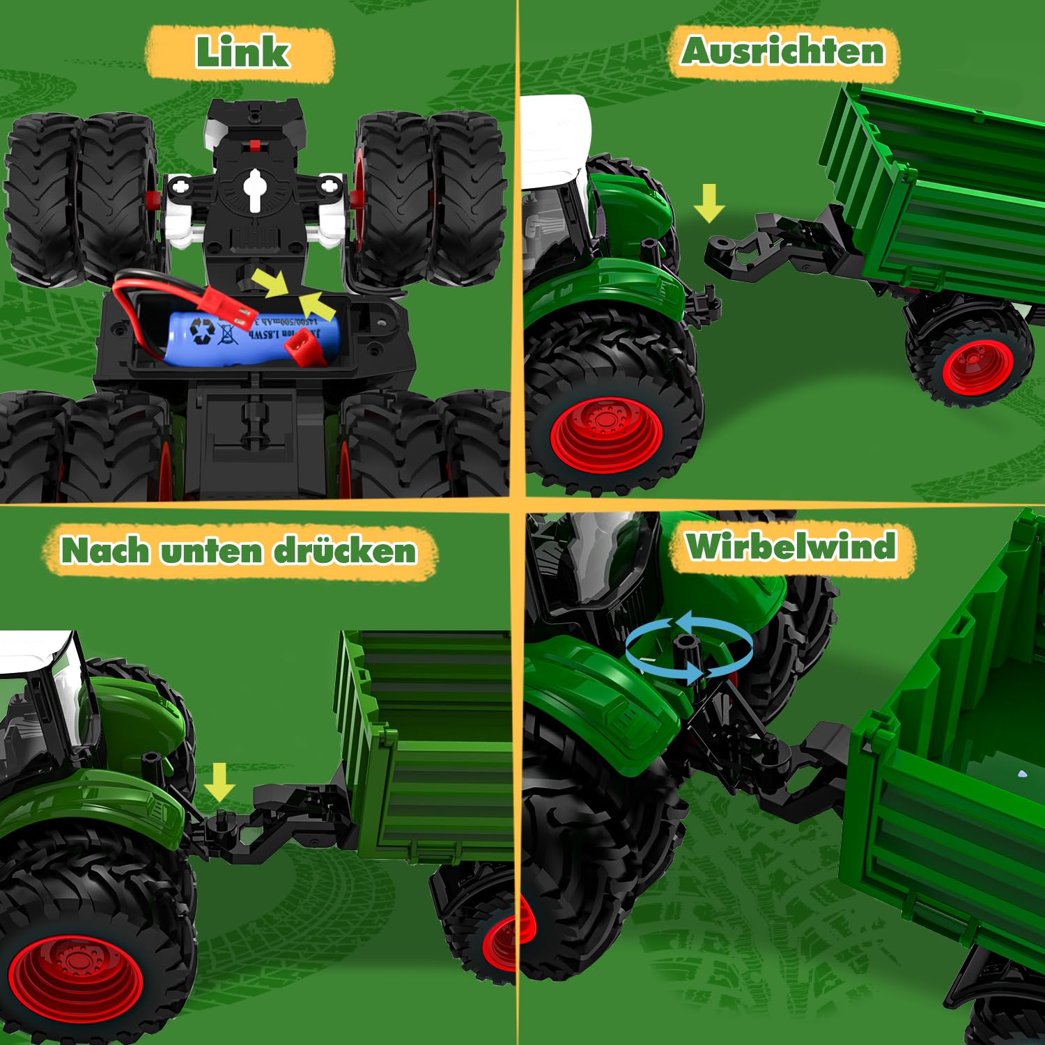 Zdalnie sterowany traktor, zabawka dla dzieci od 2 do 6 lat, traktor RC z przyczepą, ciągnik rolny ze światłami, prezent na Boże Narodzenie dla dzieci