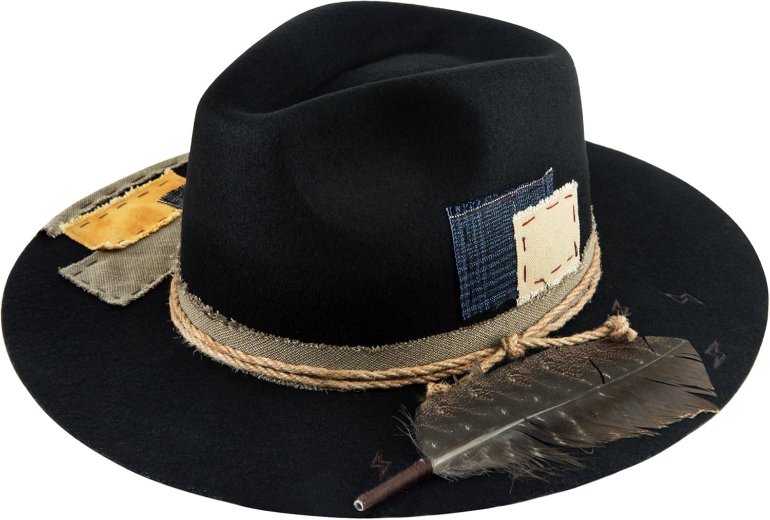 RUEDIGER Wide Brim Fedora Hats for Men Women 100% Wool Felt Panama Rancher Hat with Lightning Logo Distressed/Burned Handmade
