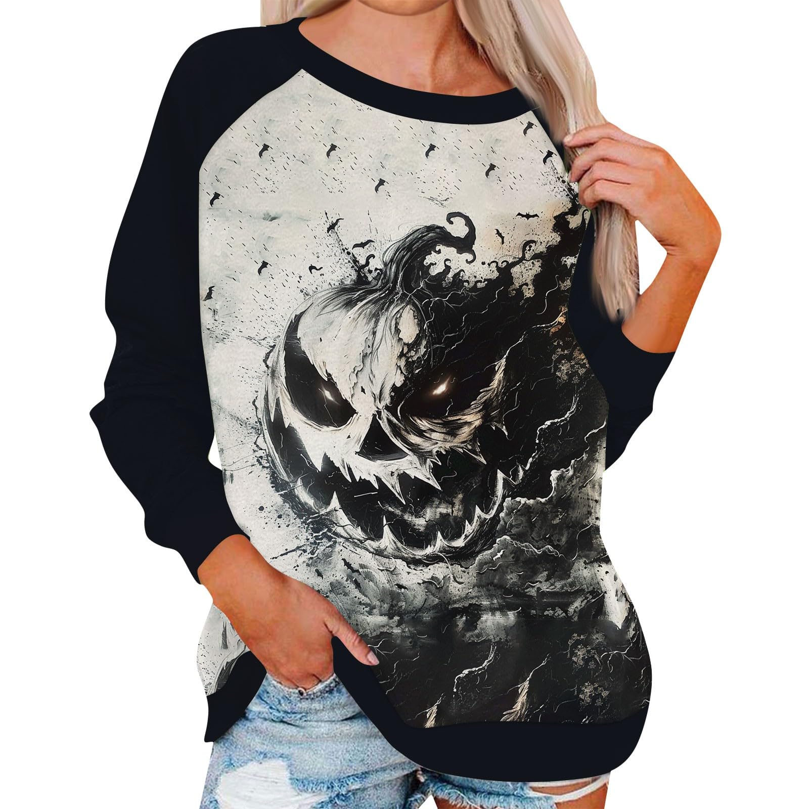 Halloween Sweatshirt Für Damen - Geister-Stickerei, Kaputenlos & Gemütlich Für Herbst & Winter
