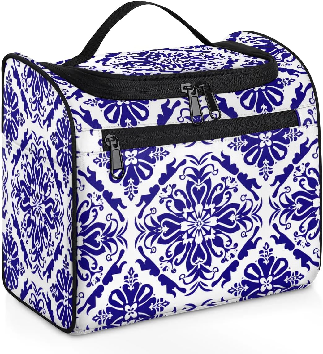 Ethnic Blue Flowers Mandala Toiletry Bag for Women, Hanging Travel Toiletry Bag, Water-resistant Cosmetic Makeup Organizer for Toiletries and Cosmetics, Bathroom Shower Bag with Handle and Hook