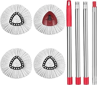 4 Pack Spin Mop Replacement Head, 1 Base, 4-Section Mop Handle 30-58in, Compatible with O Cedar EasyWring 1-Tank System Triangle Spin Mop, Combo Set of Mop Refills for Floor Cleaning